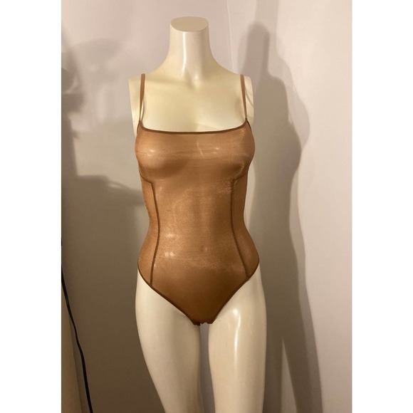 SKIMS Size XL Glissenette Chai Scoop Neck Sheer Bodysuit Shimmery Golden Gold - Picture 2 of 11